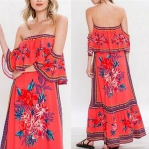 Anthropologie Flying Tomato Bohemian Red Floral Off-Shoulder Maxi Fiesta Dress